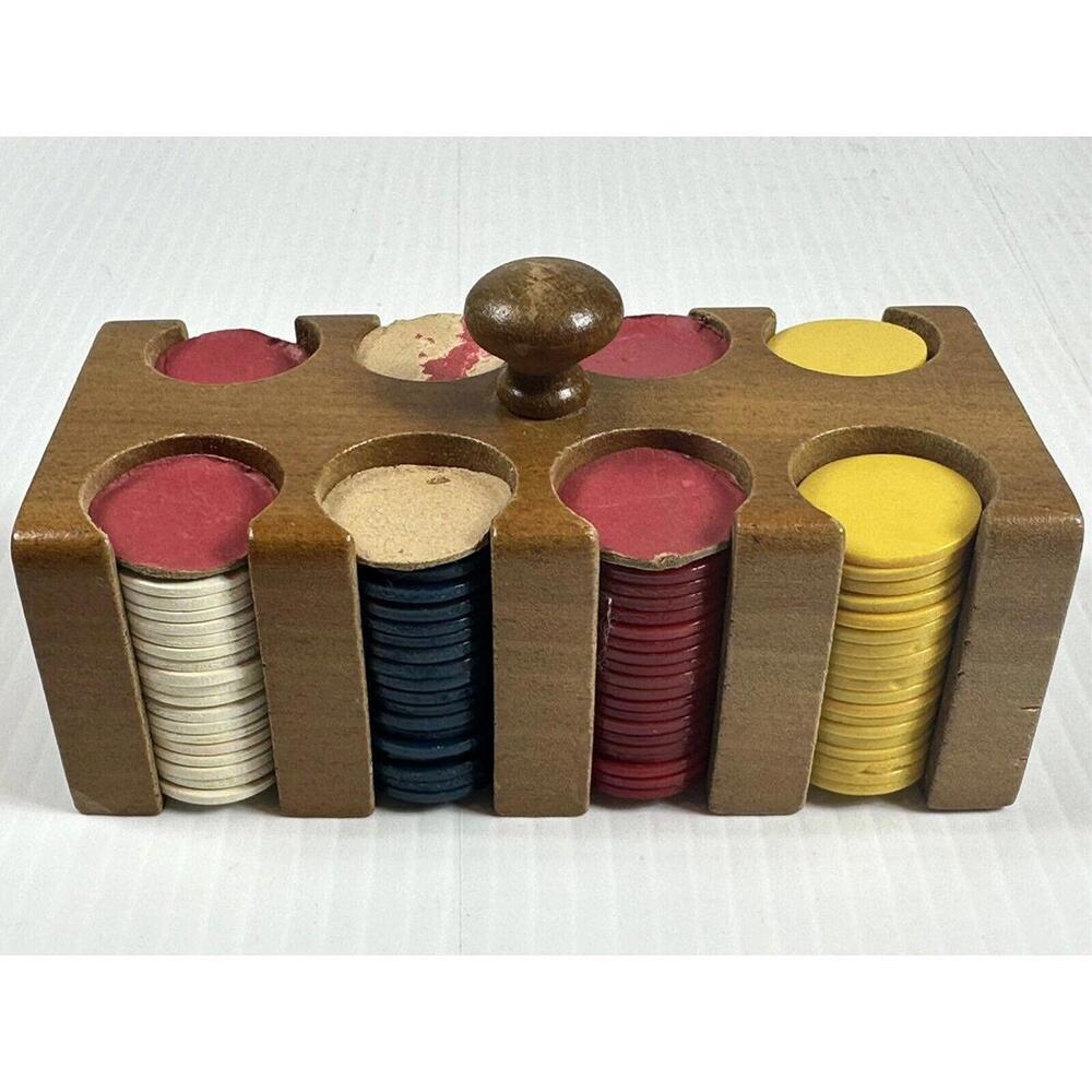 VTG 147 Mini Poker Chips In Wood Caddy. Bakelite? Yellow, Blue, Red, Wht, Brwn.